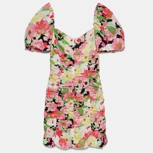 Zara Floral Ruched Puff Sleeve Dress